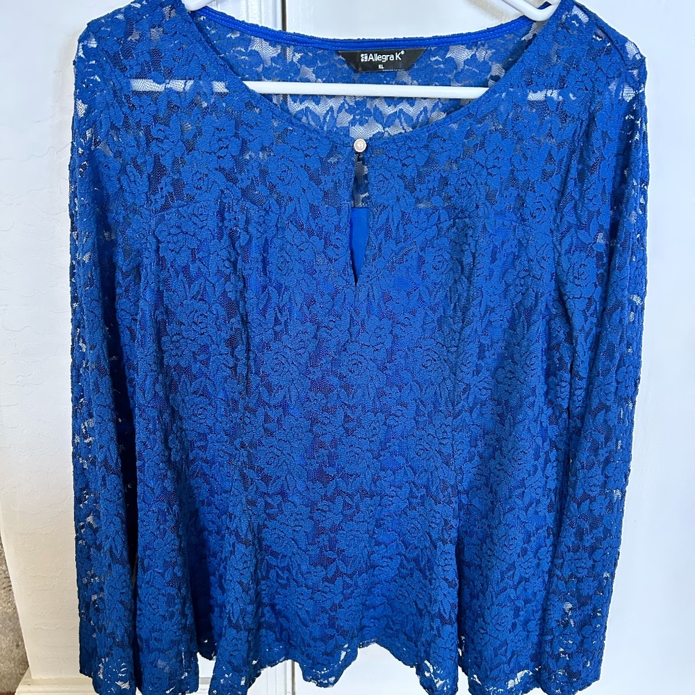 XL Allegra K Women's Lace Tops Keyhole Front Peplum Hem Sheer Long Sleeve Blouse
